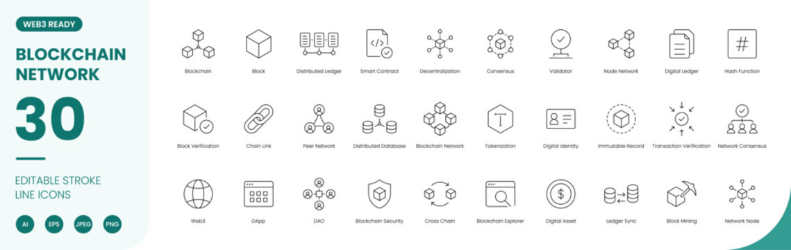 blockchain network icon line style web3 decentralized editable stroke vector set