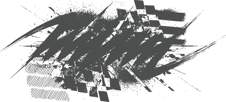 Grungy checkered flag splatter with distressed texture and abstract paint strokes