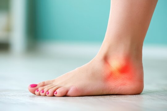 Barefoot walking on light floor. Bare foots with red glow pain effect. Painful gout inflammation. Tingling burning sensation in foot. Sensory neuropathy problems. Healthcare, podiatry. Unhealthy heel