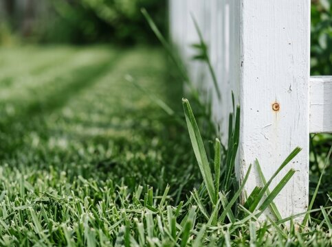 Freshly Mowed Lawn Grass Tips and White Picket Fence Close-up, Suburban Yard Maintenance Detail