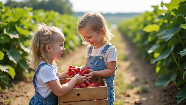 Happy children holding freshly picked strawberries in sunny berry field with their mother in background. Family harvest, healthy organic food, joyful childhood, summer countryside lifestyle