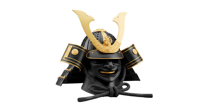 Traditional Japanese Samurai Helmet and Menpo Mask with Gold Ornaments Isolated on White