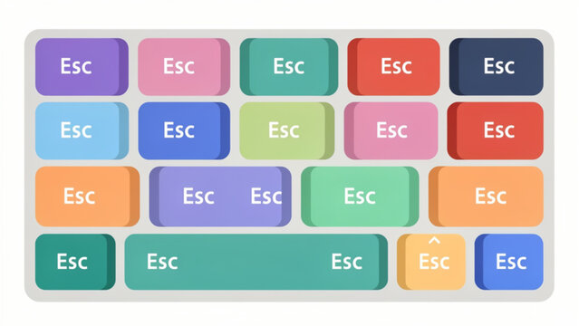 Close-up of colorful computer keyboard keys with alphabet letters and function keys in a modern office setup
