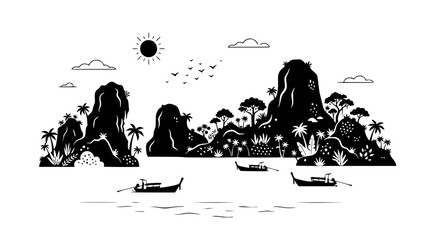 Tropical Island Landscape Silhouette with Boats and Sun © illustration 