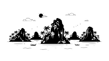Tropical Island Silhouette Landscape with Palm Trees and Boats © illustration 