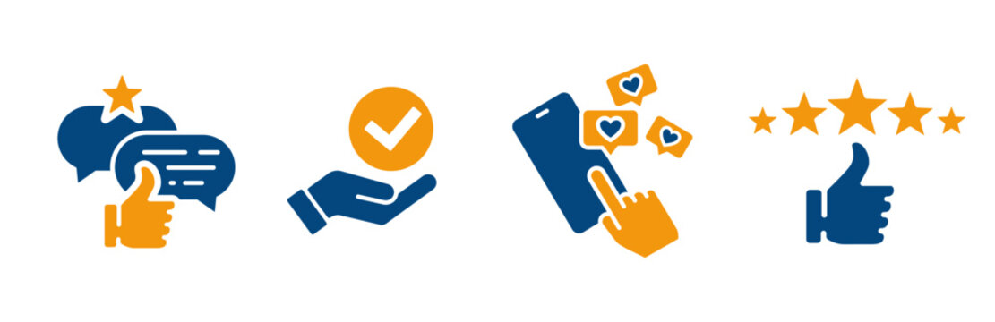 icons of satisfaction, positive recognition, appreciation, acceptance, social media interaction icon, set flat symbols on white, blue and yellow color vector art