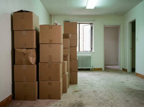 Cardboard Boxes Stacked in Empty Apartment Room, Ready for Moving or Storage
