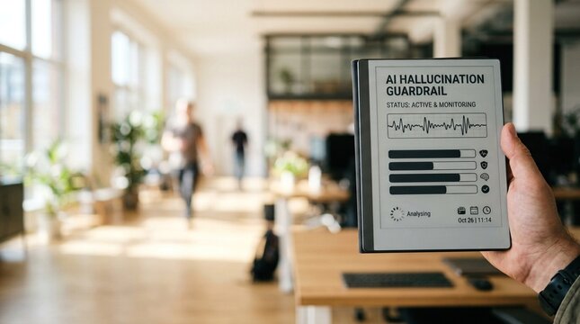 Person holding a digital tablet displaying AI monitoring interface in a modern office environment with large windows and greenery in the background
