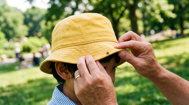 Adult male adjusts yellow bucket hat on young boy's head in a green park setting with blurred people and trees in the background