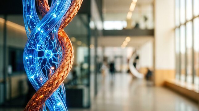 Abstract sculpture of intertwined copper and blue illuminated wires in a modern interior space with large windows and soft lighting