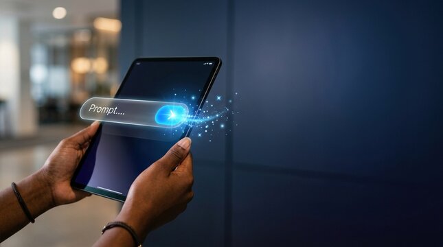 Hands holding a tablet displaying a digital prompt with glowing effects in a modern office environment featuring blurred background elements and soft lighting