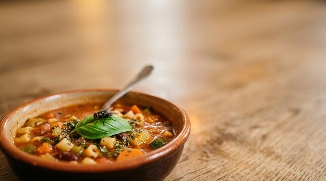 Bowl of vegetable soup with pasta, garnished with fresh basil leaf, placed on a wooden table with a blurred background of warm tones