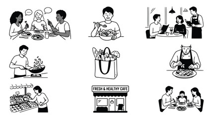 Obraz premium Set of illustrations depicting people eating, cooking, shopping for groceries, and dining at a restaurant flat vector editable file