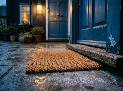 Welcome Home: Coir Doormat on Wet Flagstone Porch at Dusk