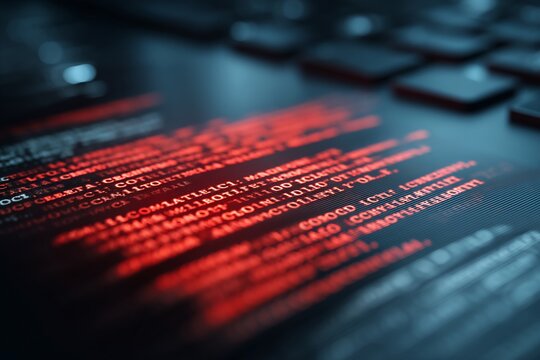 Close up of red code on dark computer screen.