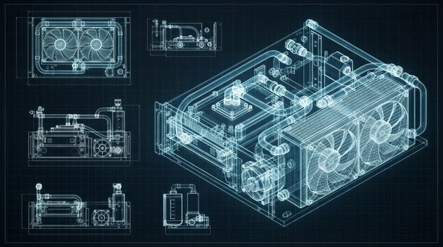 Detailed technical blueprint showing a complex computer liquid cooling system with multiple perspective views and diagrams
