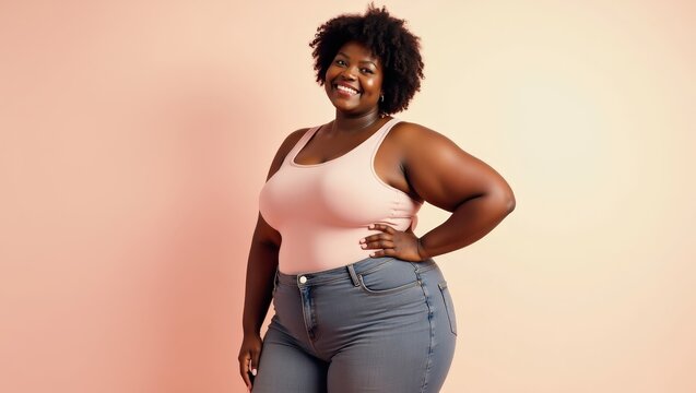 Full body African woman of plus size model on pastel background