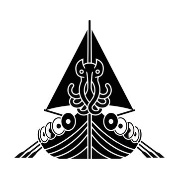 Minimalist Viking longship icon with a kraken figurehead and side shields featuring clean monoline geometry on a solid white background, nautical heritage concept