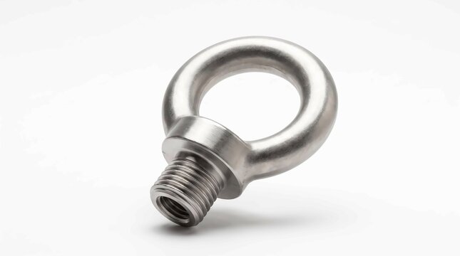 Shiny stainless steel lifting eye bolt with threaded shank isolated on a plain white background surface