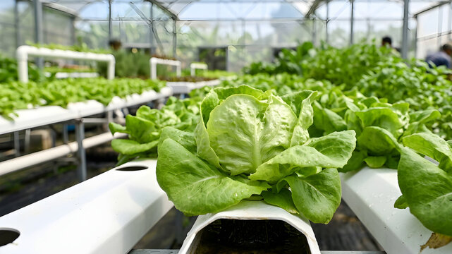 Organic hydroponic vegetable cultivation in a modern selective focus greenhouse environment for