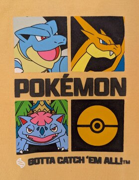 Vista de cerca del estampado de una Pok&eacute; Ball y las cabezas de Blastoise, Charizard y Venusaur de Pok&eacute;mon, con el lema Gotta Catch 'Em All! en una camiseta. Madrid, Espa&ntilde;a, 19 de mayo de 2026