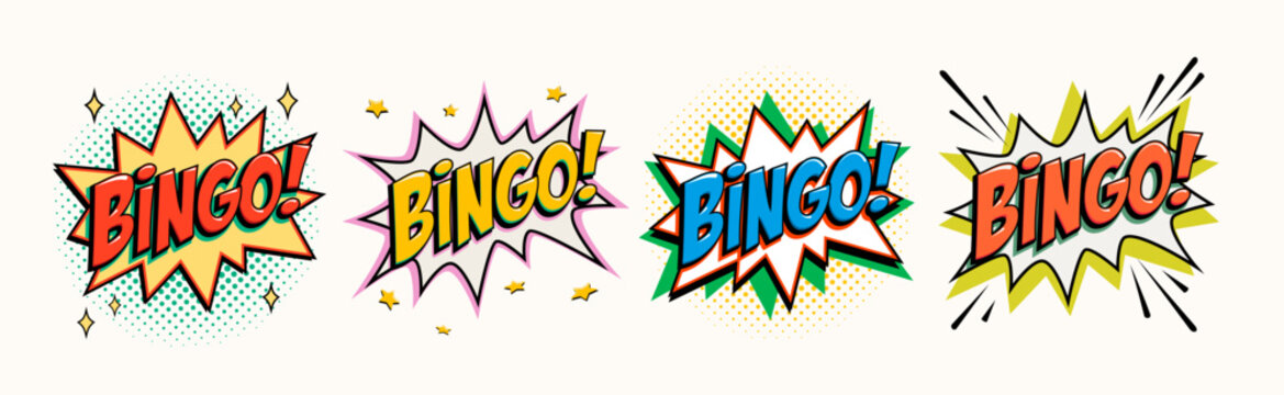Bingo starburst icon set in bold comic style with colorful lettering inside dynamic star shapes and halftone backgrounds. Retro bingo logo for lottery, lotto, casino posters and game branding