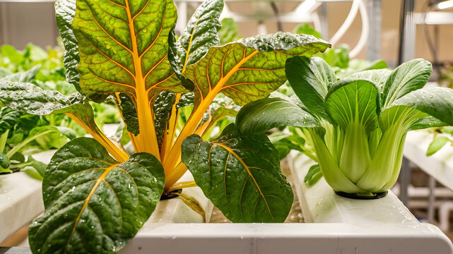 Of vibrant yellow and green leafy plants in a hydroponic growing system with water solution