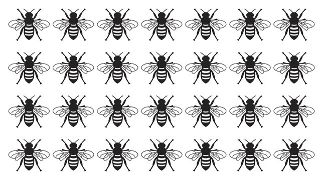 Repeating pattern background of multiple small bee icons organized in a grid layout for organic honey production branding and nature design