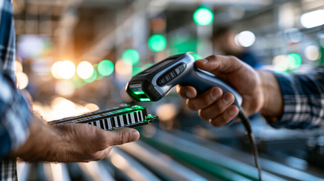 Cropped view of a technician hand scanning a battery module with a handheld reader in a bright clean energy manufacturing facility production traceability concept digital