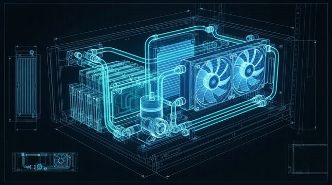 Detailed blue wireframe illustration of a custom liquid cooling loop inside a gaming computer case