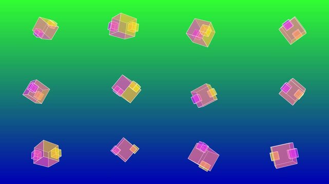 Animated loop featuring a uniform grid of translucent neon-edged cubes rotating