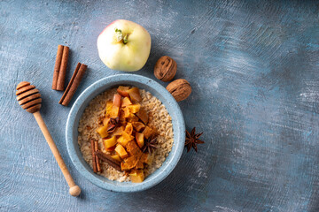 Obraz premium Autumn tasty breakfast Oatmeal Porridge with Apple and Cinnamon in bowl, top view. Healthy balanced morning meal, oats with baked apple