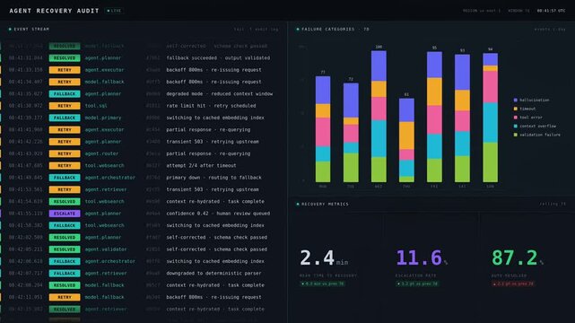 Dark mode AI audit dashboard with failure and recovery logs, event stream, error analytics, recovery metrics, stacked charts, and enterprise system monitoring interface.