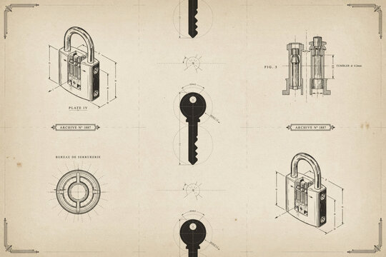 Vintage technical blueprint showing mechanical padlocks, keys, and circular diagrams on a textured aged paper background surface
