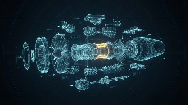 Detailed holographic wireframe schematic of a complex jet engine showing all internal mechanical turbine components