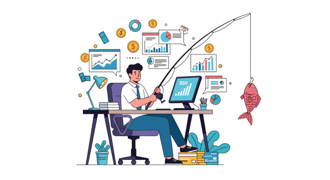 Businessman at a desk using a fishing rod to catch a fish representing financial success and data gathering in the stock market.