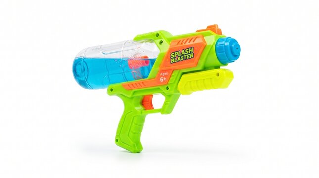Colorful plastic water gun toy with blue liquid tank isolated on white background for summer fun with transparent tank filled bright green plastic