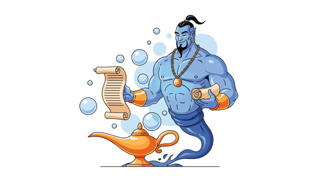 Powerful blue genie emerges from a magic golden lamp holding a long parchment scroll surrounded by glowing magical bubbles.