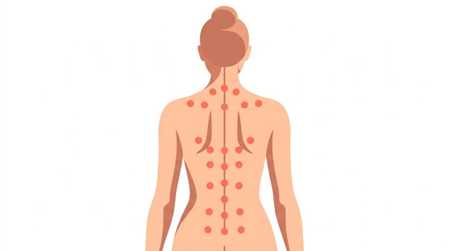 Illustration of human back showing acupuncture points and meridians in a minimalistic style suitable for health and wellness topics