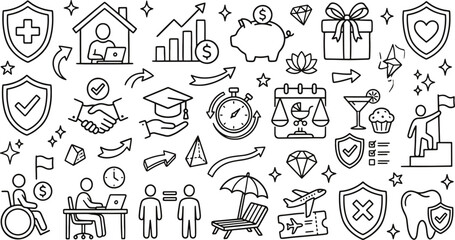 Fototapeta premium Financial protection and insurance services doodle icons set for life and home security with insurance protection security investment healthcare business planning education handshake