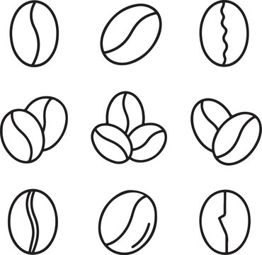 A collection of simple black line art coffee bean icons is arranged on a white background.