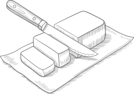 Dibujo a mano de mantequilla siendo cortada con un cuchillo sobre papel