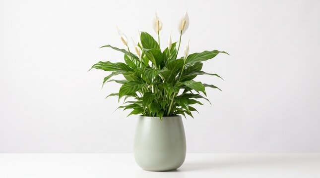 Fresh green peace lily plant in minimalist ceramic pot on white background with displays vibrant peace clean white backdrop white flowers matte