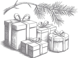 De regalos de navidad bajo una rama de pino