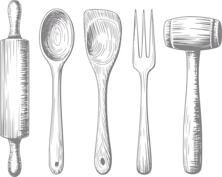 Utensilios de cocina vintage dibujados a mano: rodillo, cuchara, esp&aacute;tula, tenedor y mazo