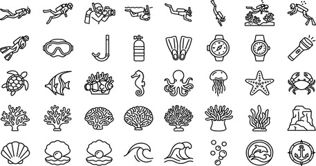 Scuba Diving and Underwater Marine Life Line Icons Set with Divers Coral Reefs and Sea CreaturesScuba Diving and Underwater Marine Life Line Icons Set with Divers Coral Reefs and Sea Creatures © MDJAHIDUL