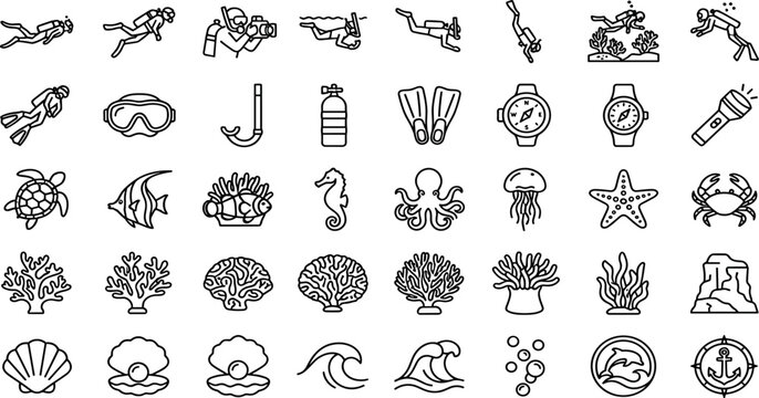 Scuba Diving and Underwater Marine Life Line Icons Set with Divers Coral Reefs and Sea CreaturesScuba Diving and Underwater Marine Life Line Icons Set with Divers Coral Reefs and Sea Creatures