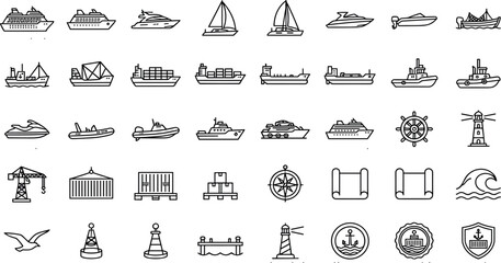 Maritime Shipping and Marine Vessels Line Icons Set with Cargo Ships Boats and Nautical NavigationMaritime Shipping and Marine Vessels Line Icons Set with Cargo Ships Boats and Nautical Navigation © MDJAHIDUL