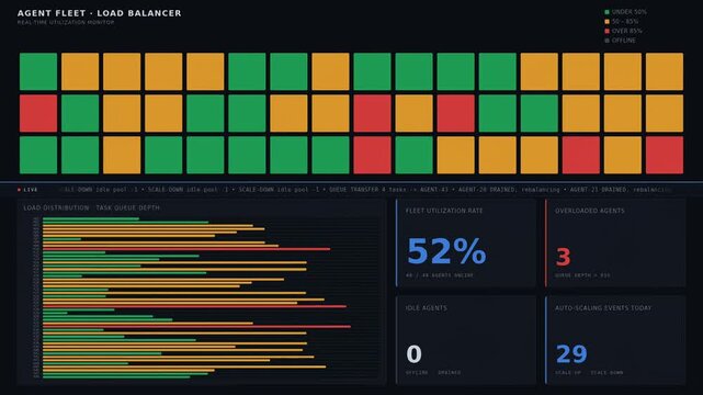 Dark mode AI load balancing dashboard with fleet utilization grid, task queue monitoring, auto scaling metrics, workload distribution, and enterprise operations interface.