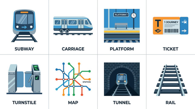 Public Transport Icons: Subway, Train, Platform, Ticket, Turnstile, Map, Tunnel, Rail